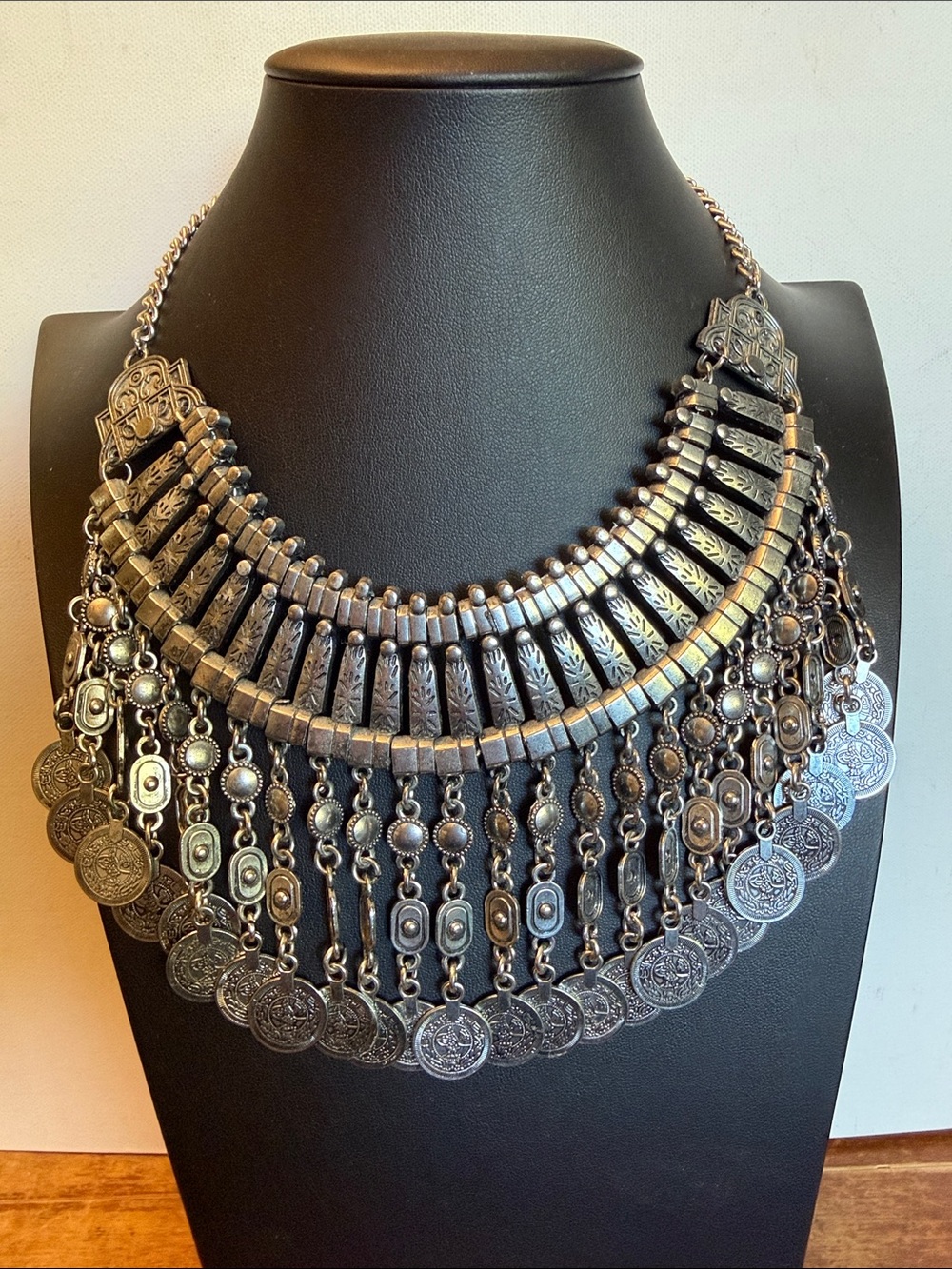 Bohemian Coin Fringe Statement Necklace in Silver